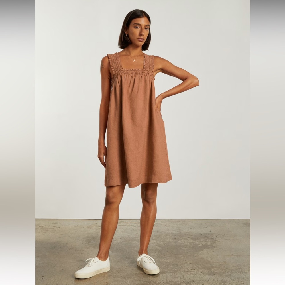 Everlane smocked linen dress brown
